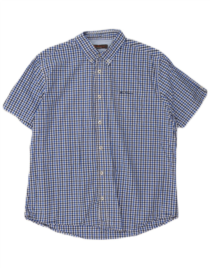 Ben Sherman Mens Short Sleeve Shirt XL Blue Gingham Cotton