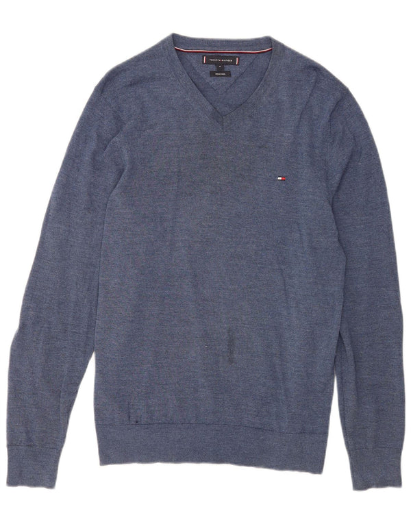 Tommy Hilfiger Mens V-Neck Jumper Sweater Medium Blue Merino Wool