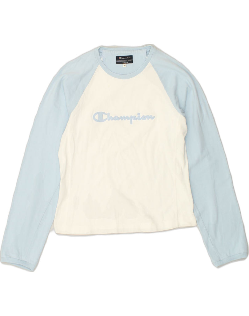 CHAMPION Womens Graphic Top Long Sleeve UK 12 Medium White Colourblock | Vintage Champion | Thrift | Second-Hand Champion | Used Clothing | Messina Hembry 