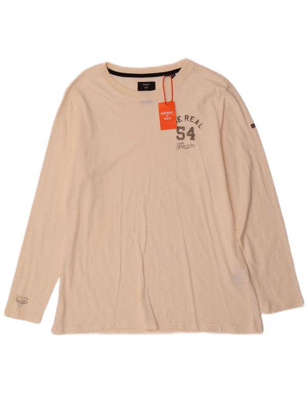 Superdry Womens Graphic Top Long Sleeve UK 16 Large Off White Cotton