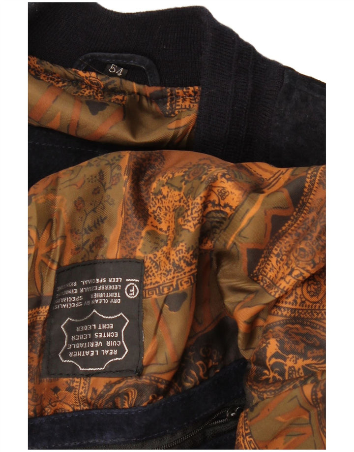 VINTAGE Mens Suede Bomber Jacket IT 54 2XL Navy Blue Leather
