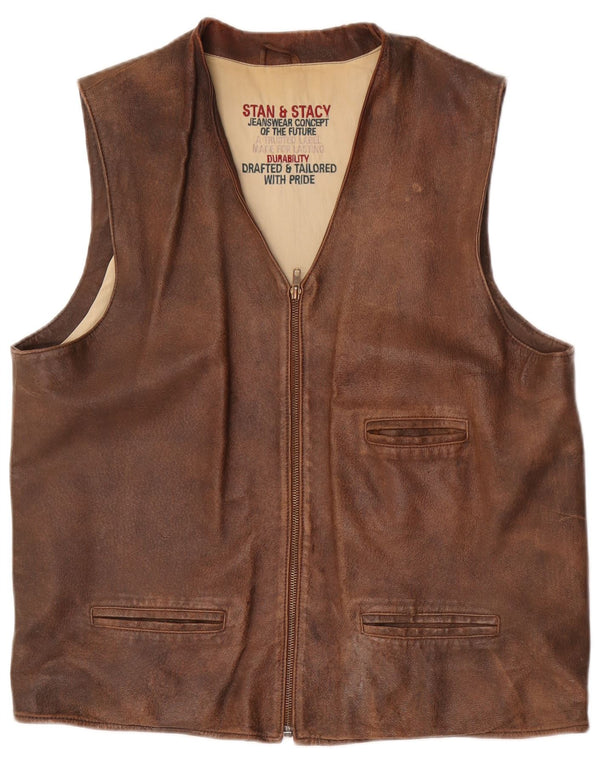 Vintage Mens Leather Gilet UK 42 XL Brown Leather