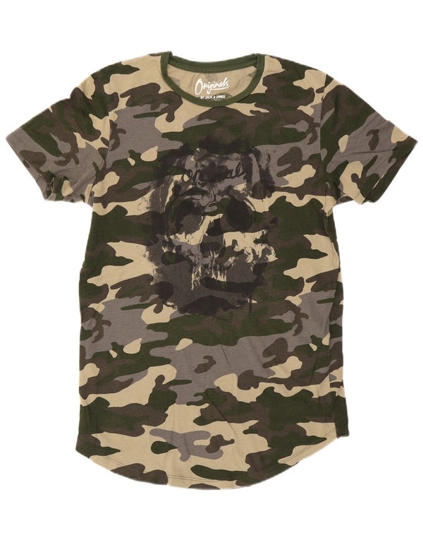 Jack & Jones Mens Graphic T-Shirt Top Medium Green Camouflage Cotton