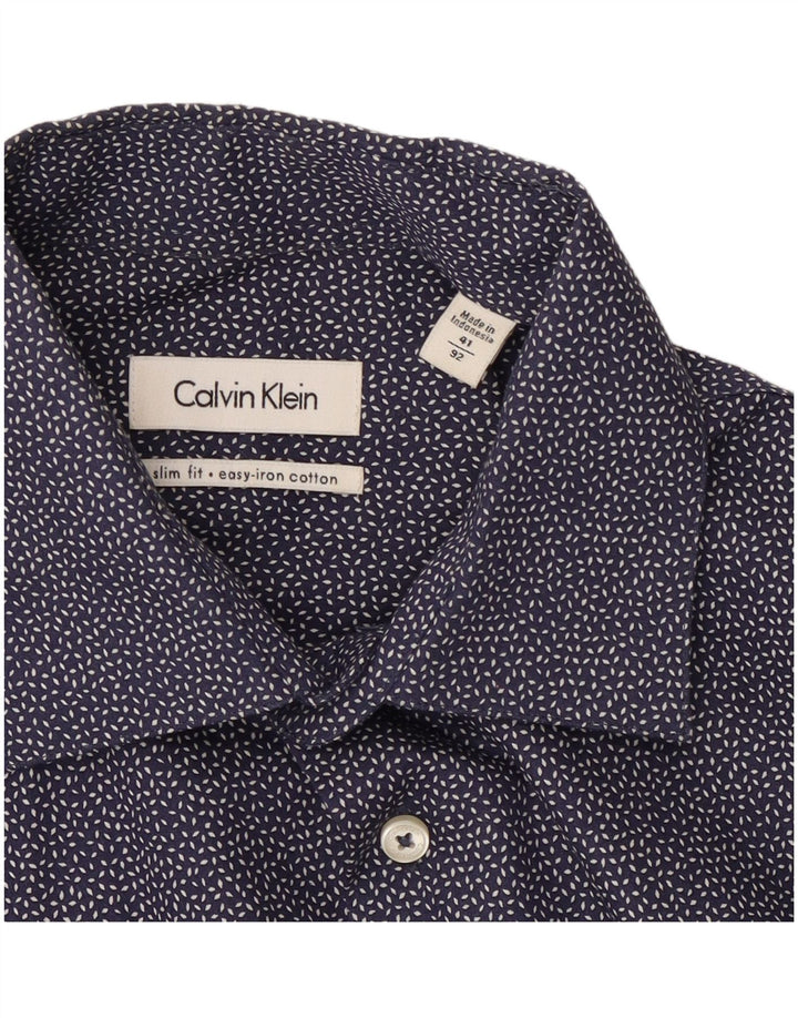 Calvin Klein Mens Slim Fit Shirt Size 41 Large Navy Blue Spotted Cotton