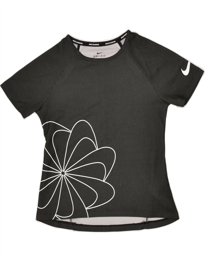 NIKE Girls Dri Fit Graphic T-Shirt Top 10-11 Years Medium Black Floral | Vintage Nike | Thrift | Second-Hand Nike | Used Clothing | Messina Hembry 