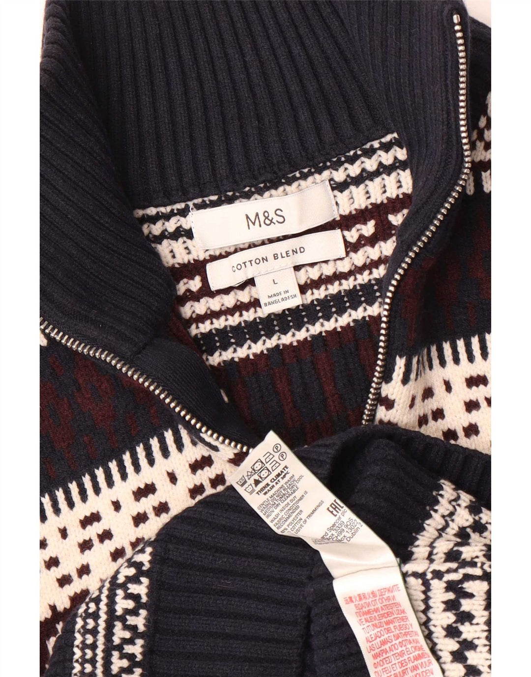 Marks & Spencer Mens Zip Neck Jumper Sweater Large Navy Blue Fair Isle