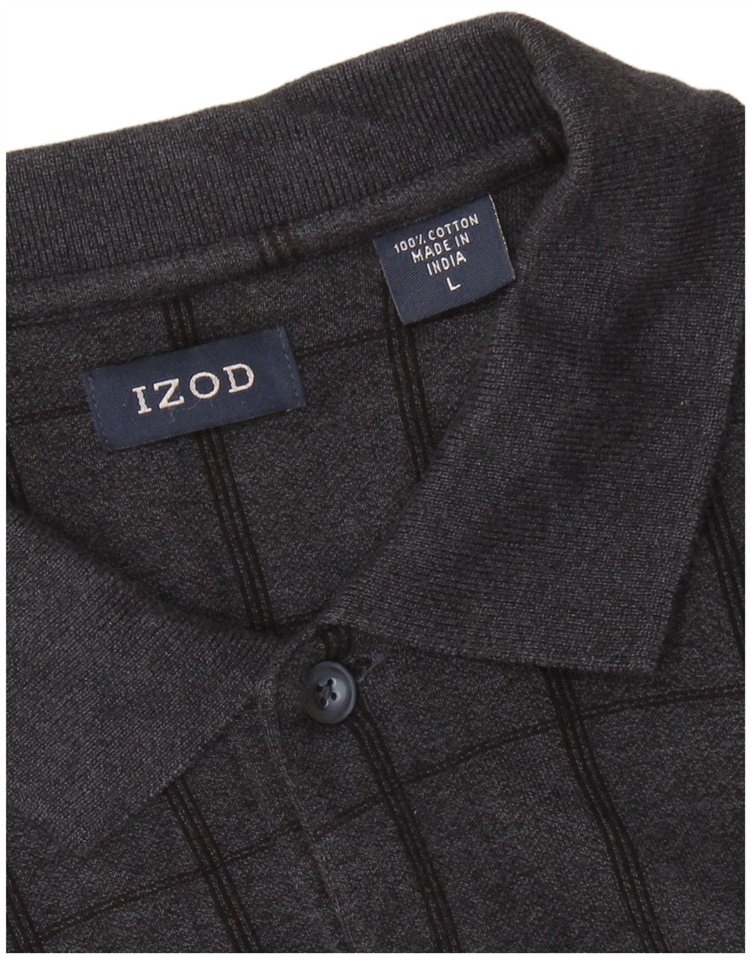 IZOD Mens Long Sleeve Polo Shirt Large Grey Check Cotton
