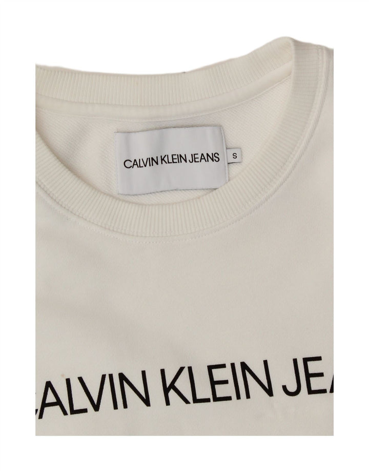 CALVIN KLEIN JEANS Womens Graphic Sweatshirt Jumper UK 10 Small White Vintage Calvin Klein Jeans and Second-Hand Calvin Klein Jeans from Messina Hembry 
