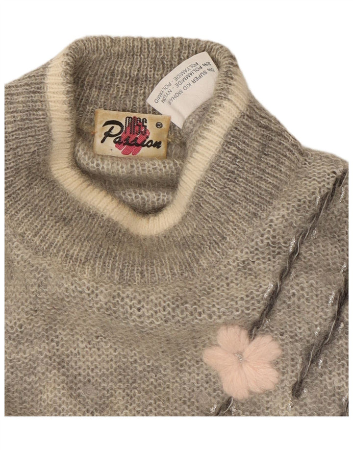 VINTAGE Womens Turtle Neck Jumper Sweater UK 18 XL Grey Floral Mohair