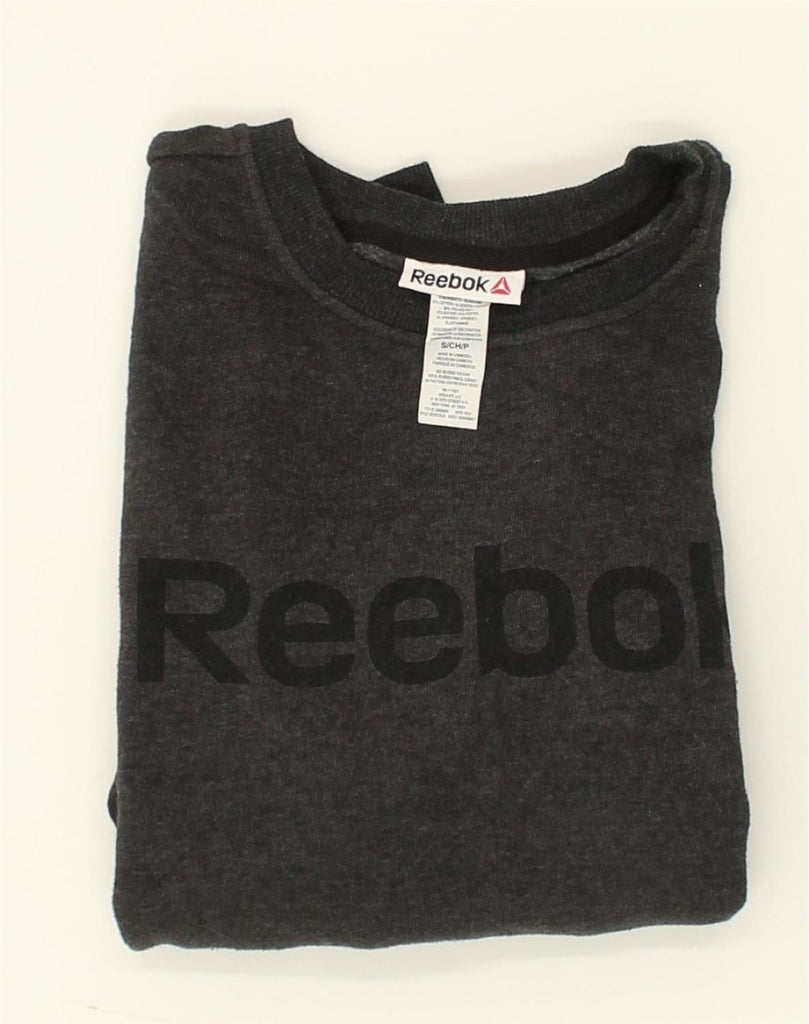 REEBOK Womens Graphic Sweatshirt Jumper UK 10 Small Grey Cotton | Vintage Reebok | Thrift | Second-Hand Reebok | Used Clothing | Messina Hembry 