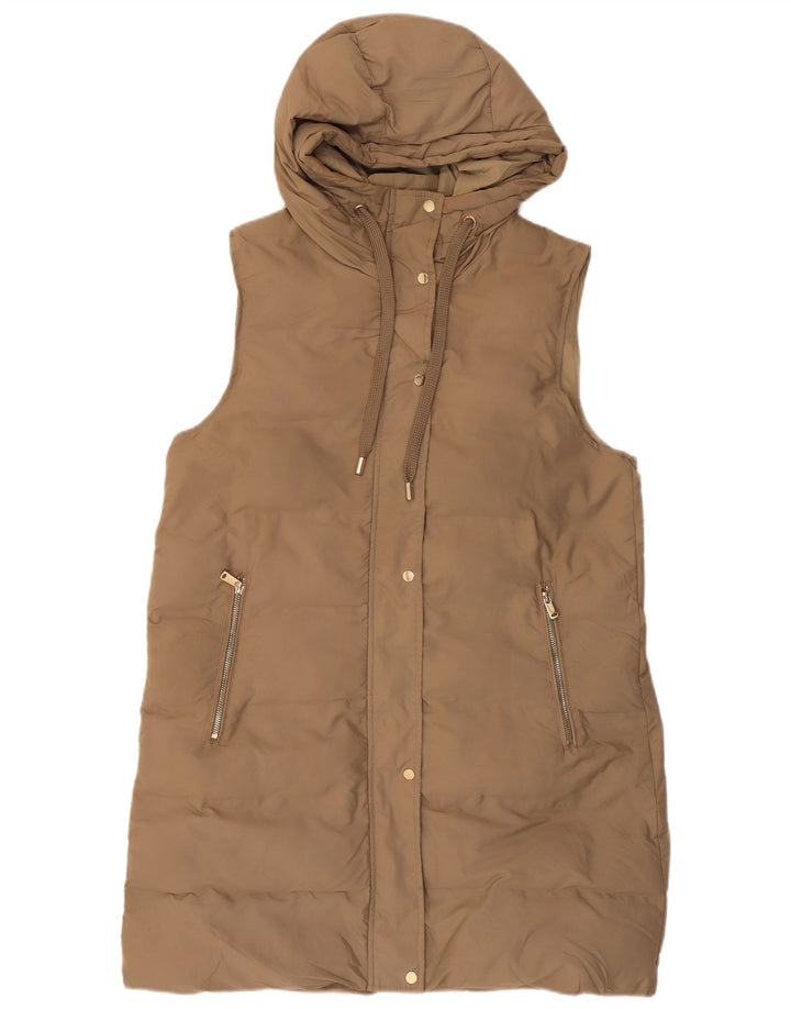 Zara Womens Hooded Sleeveless Padded Coat UK 14 Medium Beige
