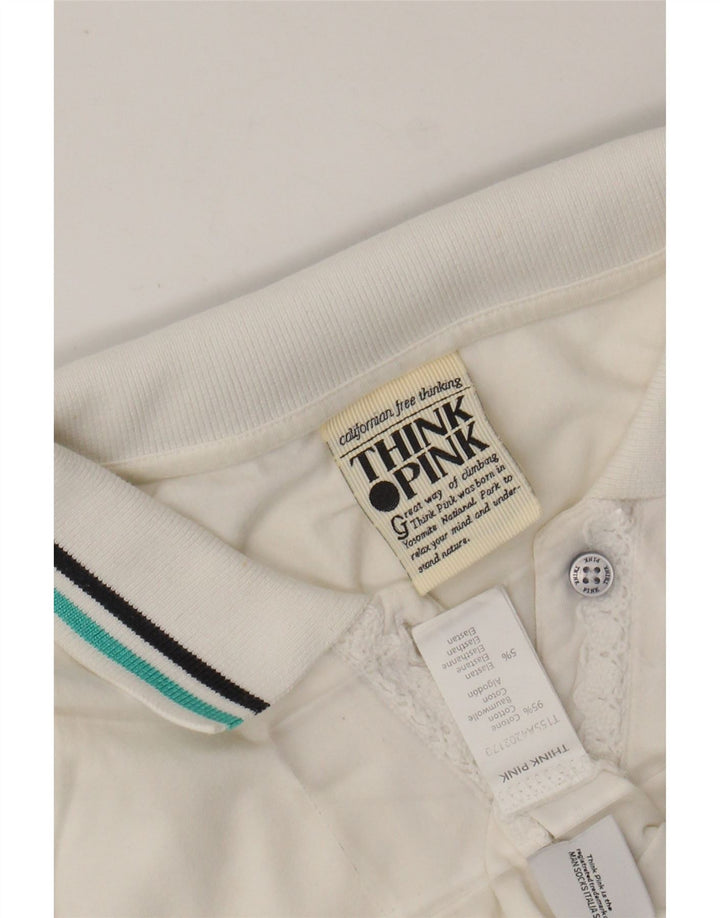 THINK PINK Womens Graphic Polo Shirt UK 8 Small White Cotton
