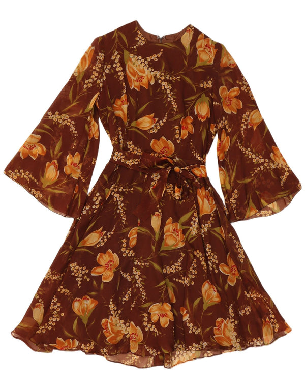 Vintage Womens 3/4 Sleeve A-Line Dress UK 12 Medium Brown Floral