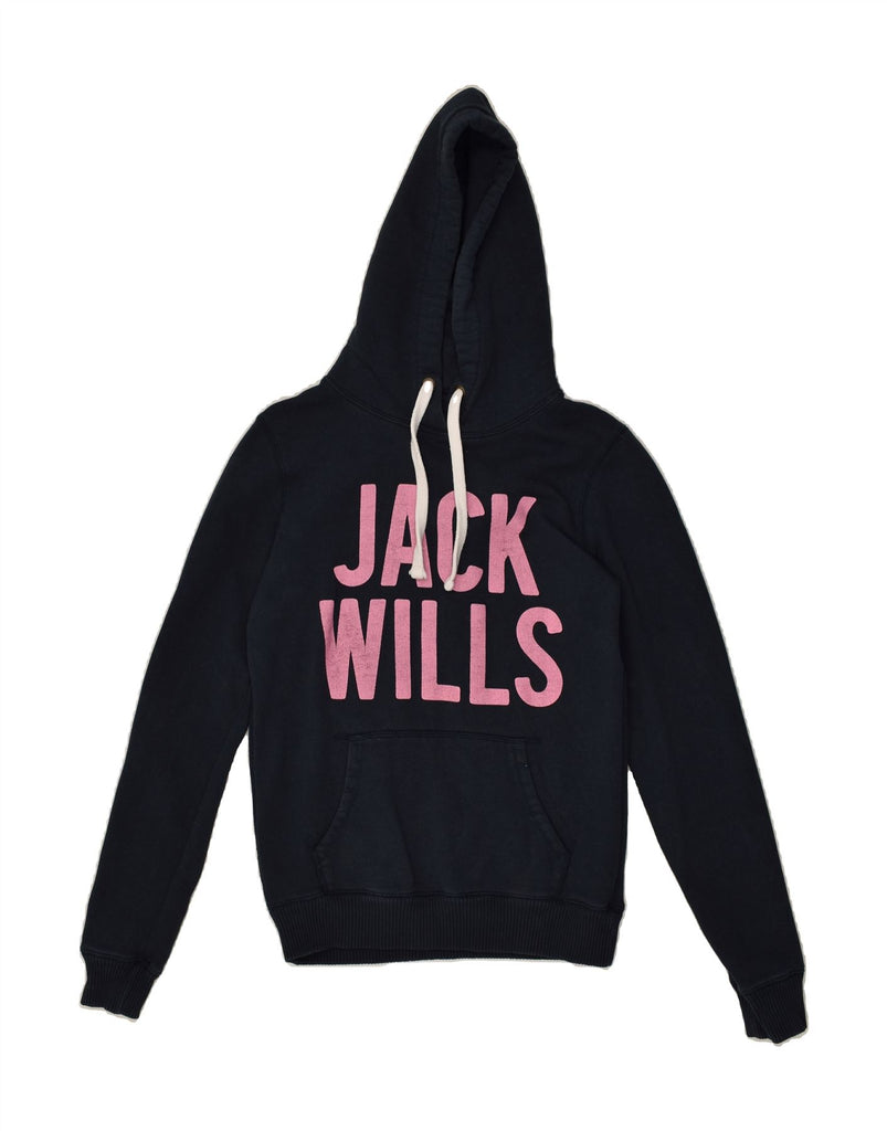 JACK WILLS Womens Graphic Hoodie Jumper UK 8 Small  Navy Blue Cotton | Vintage Jack Wills | Thrift | Second-Hand Jack Wills | Used Clothing | Messina Hembry 