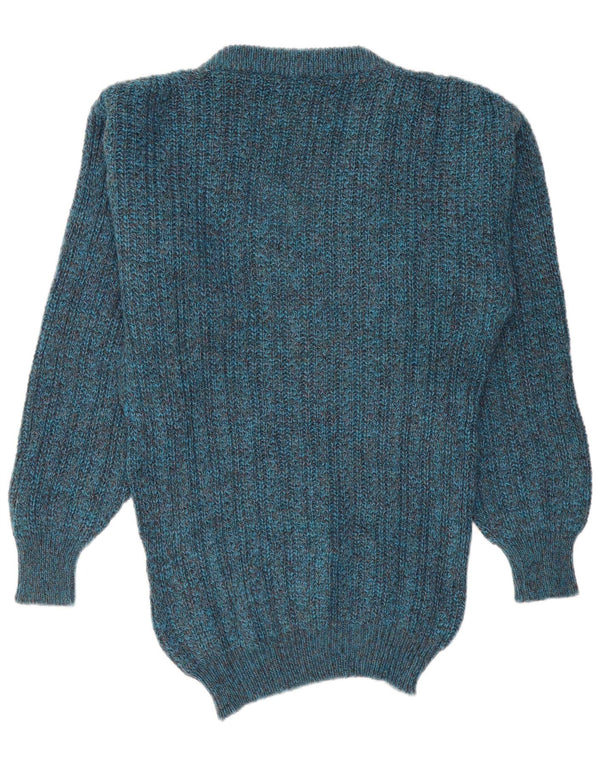 Vintage Mens Regular Fit V-Neck Jumper Sweater Medium Blue Flecked Wool