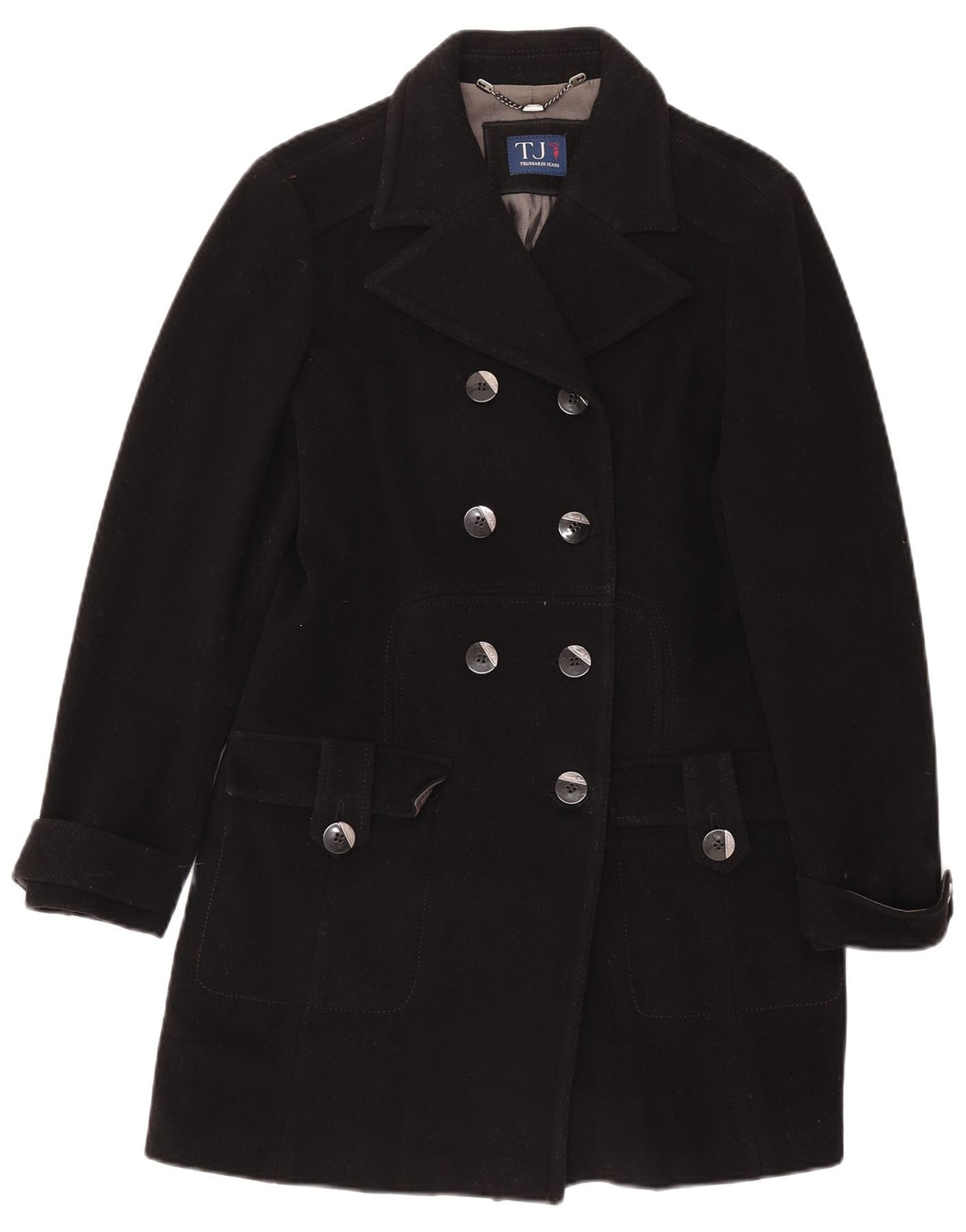 Trussardi Jeans Womens Double Breasted Coat IT 44 Medium Black Wool