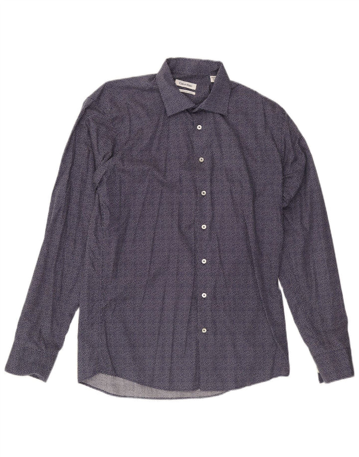 Calvin Klein Mens Slim Fit Shirt Size 41 Large Navy Blue Spotted Cotton
