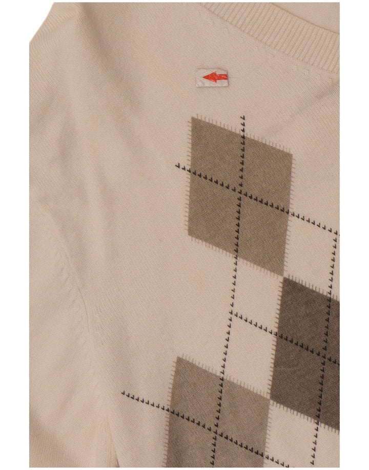 Zara Mens V-Neck Jumper Sweater XL White Argyle/Diamond Cotton
