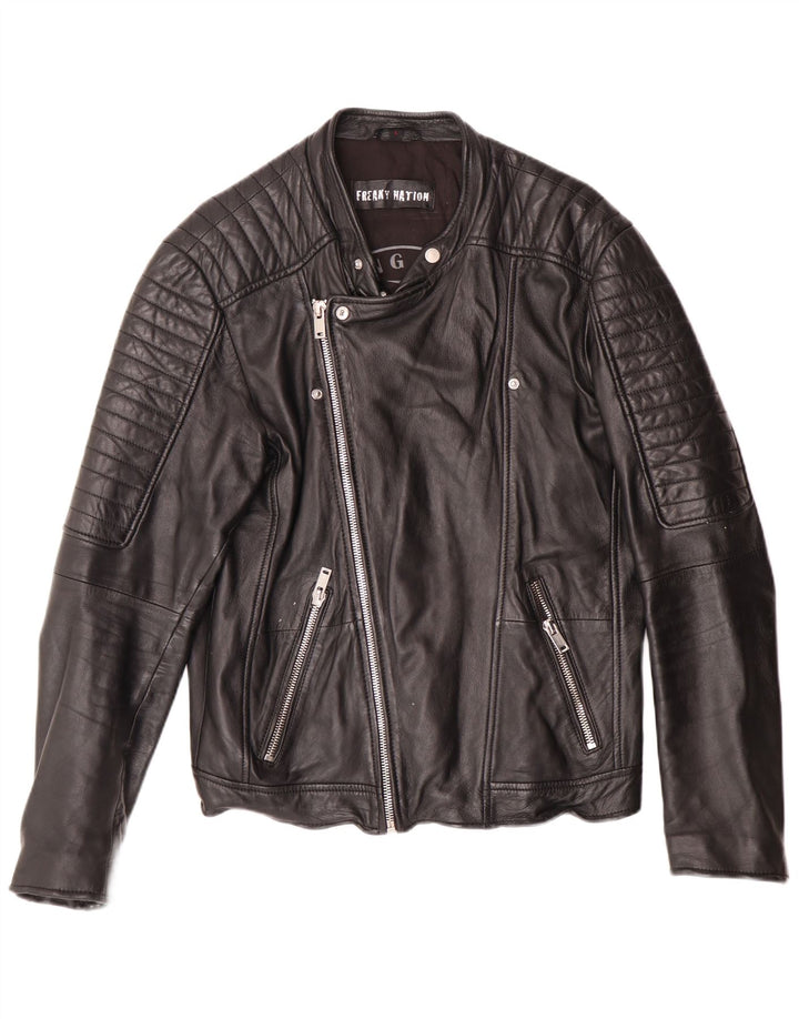 Freaky Nation Mens Leather Biker Jacket UK 38 Medium Black Leather