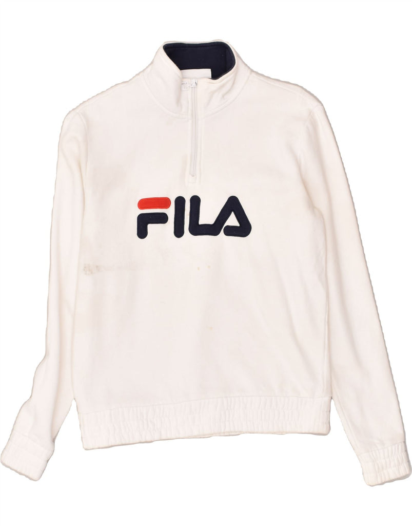 FILA Mens Graphic Zip Neck Sweatshirt Jumper Small White Cotton | Vintage Fila | Thrift | Second-Hand Fila | Used Clothing | Messina Hembry 