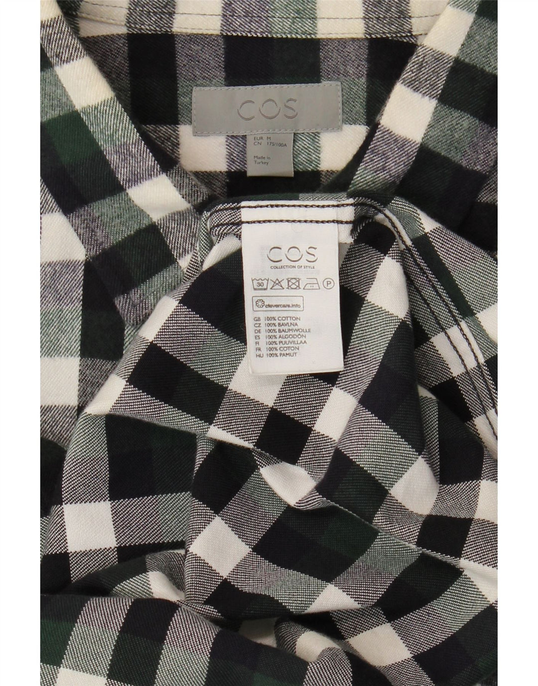Cos Mens Flannel Shirt Medium Green Check Cotton