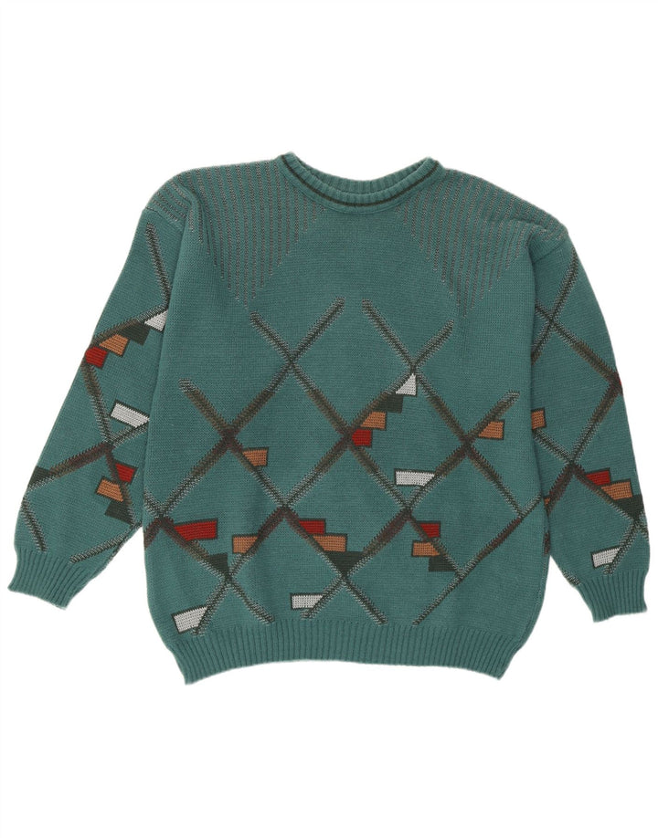 Vintage Mens Crew Neck Jumper Sweater Medium Green Geometric