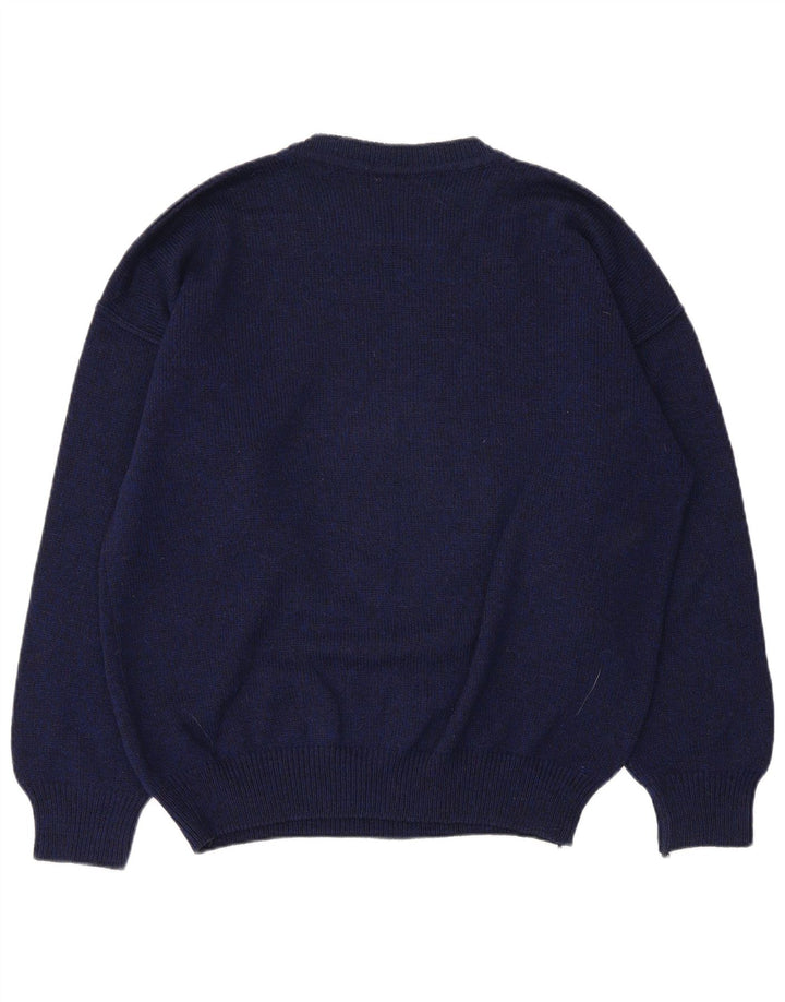 Vintage Mens Graphic Crew Neck Jumper Sweater IT 50 Medium Navy Blue