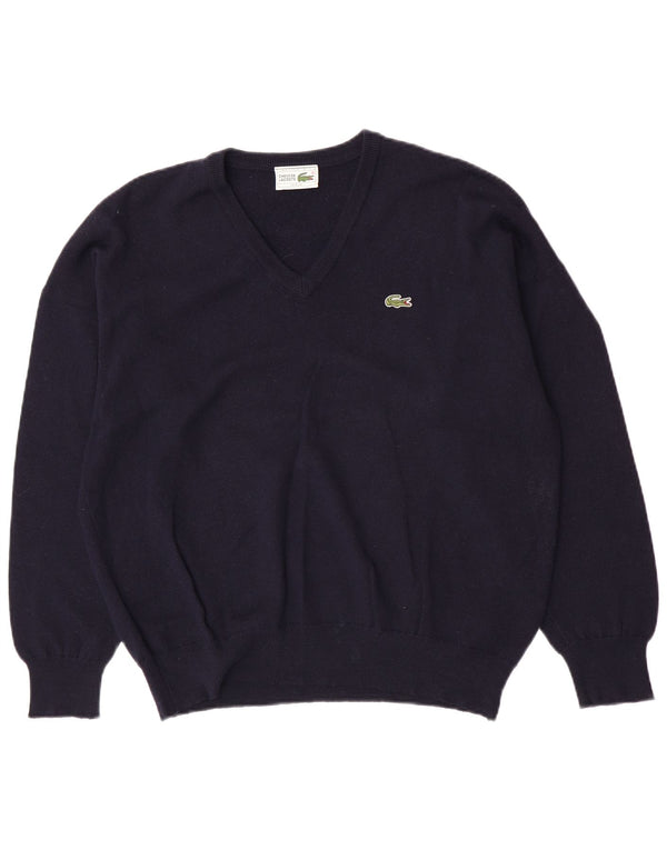 Lacoste Mens V-Neck Jumper Sweater Size 7 2XL Navy Blue New Wool