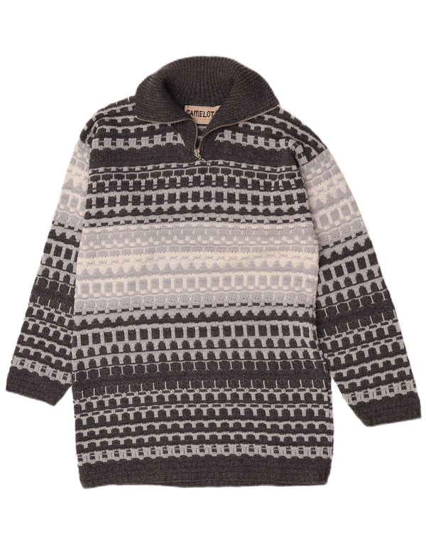 Camelot Mens Zip Neck Jumper Sweater Small Grey Geometric Classic