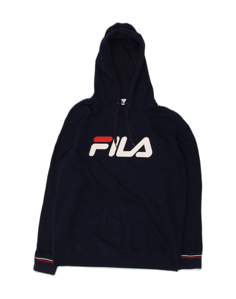 FILA Womens Tall Graphic Hoodie Jumper UK 18 XL Navy Blue Cotton | Vintage Fila | Thrift | Second-Hand Fila | Used Clothing | Messina Hembry 