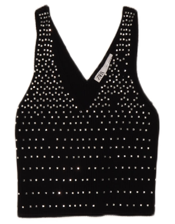 Zara Womens Sleeveless Crop Top UK 12 Medium Black Spotted