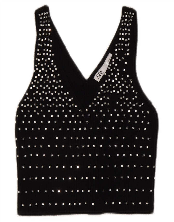 Zara Womens Sleeveless Crop Top UK 12 Medium Black Spotted