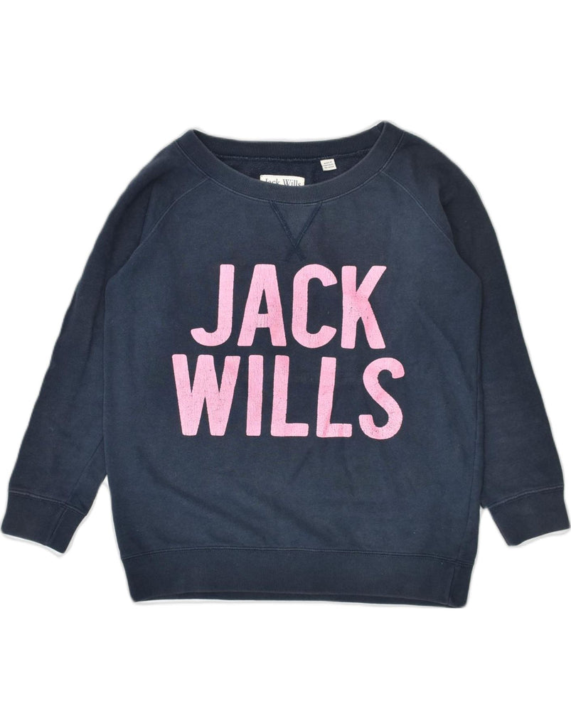 JACK WILLS Womens Graphic Sweatshirt Jumper UK 8 Small Navy Blue Cotton | Vintage | Thrift | Second-Hand | Used Clothing | Messina Hembry 