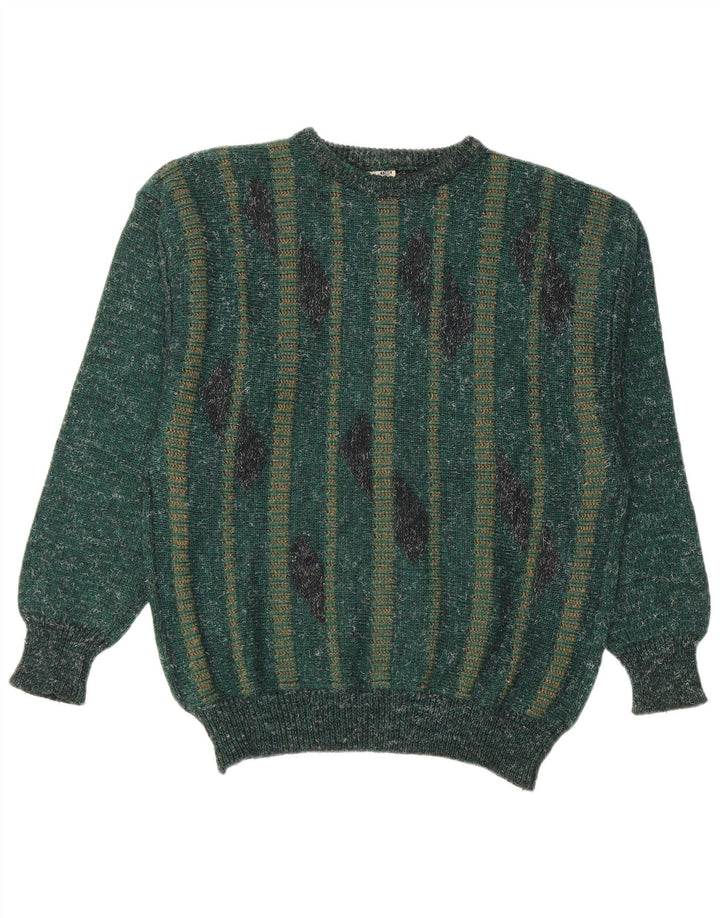 Vintage Mens Crew Neck Jumper Sweater IT 50 Medium Green Striped