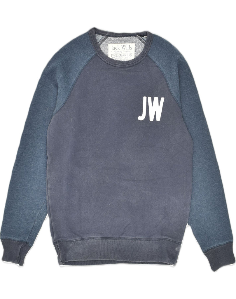 JACK WILLS Mens Graphic Sweatshirt Jumper Small Navy Blue Colourblock | Vintage Jack Wills | Thrift | Second-Hand Jack Wills | Used Clothing | Messina Hembry 