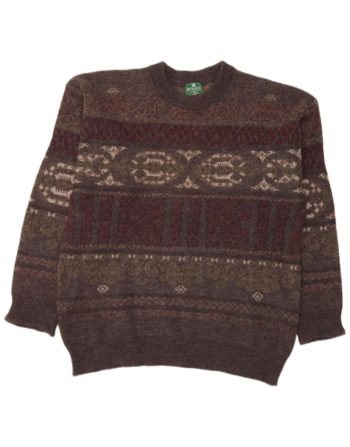Vintage Mens Crew Neck Jumper Sweater Large Grey Fair Isle Wool