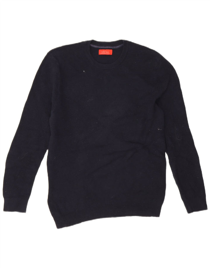 Zara Mens Crew Neck Jumper Sweater Large Navy Blue Cotton