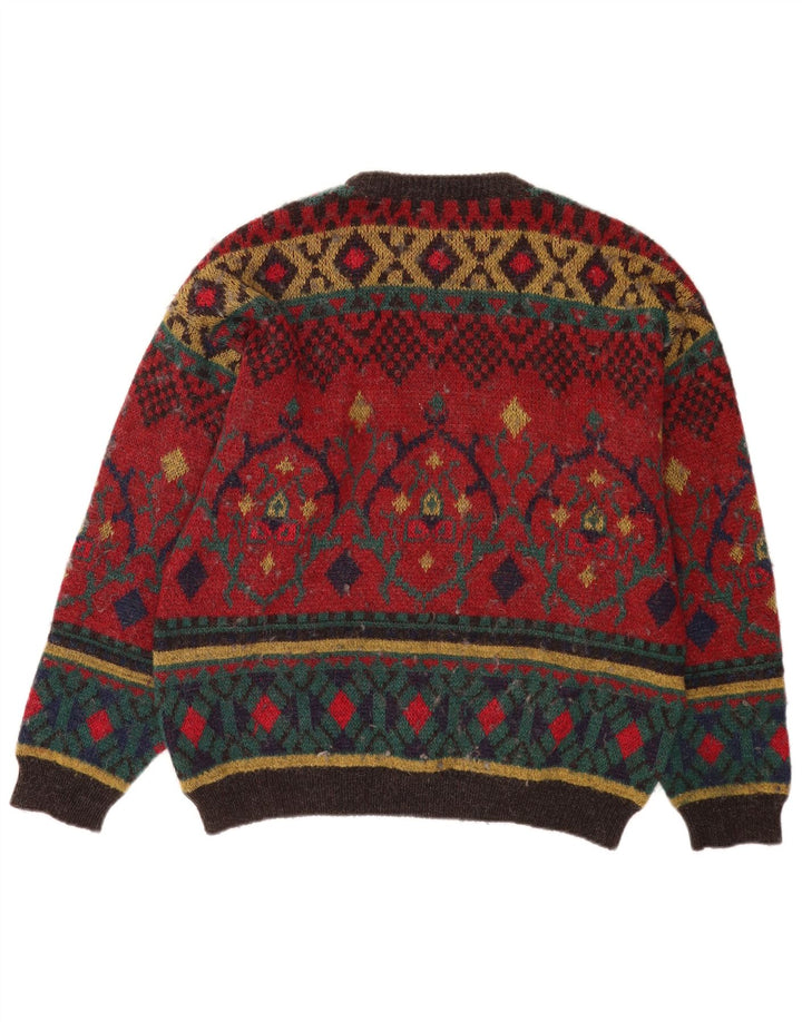 Vintage Mens Boat Neck Jumper Sweater Large Red Geometric Wool