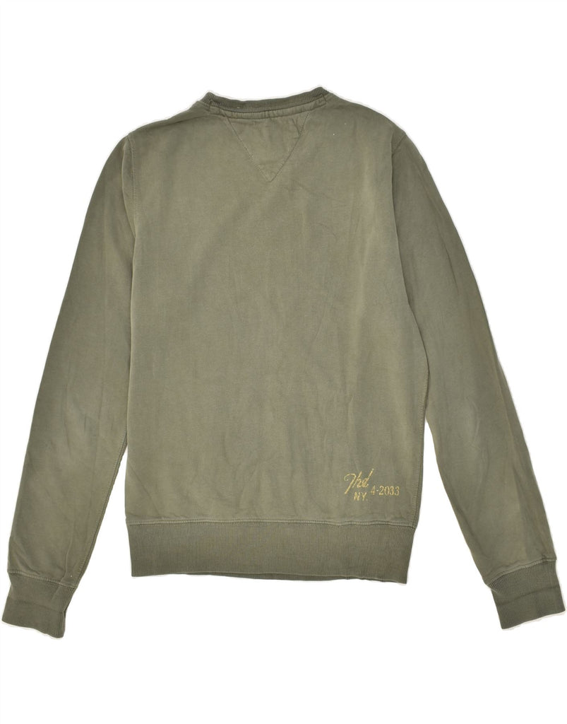 TOMMY HILFIGER Mens Graphic Sweatshirt Jumper Small Khaki Cotton | Vintage Tommy Hilfiger | Thrift | Second-Hand Tommy Hilfiger | Used Clothing | Messina Hembry 