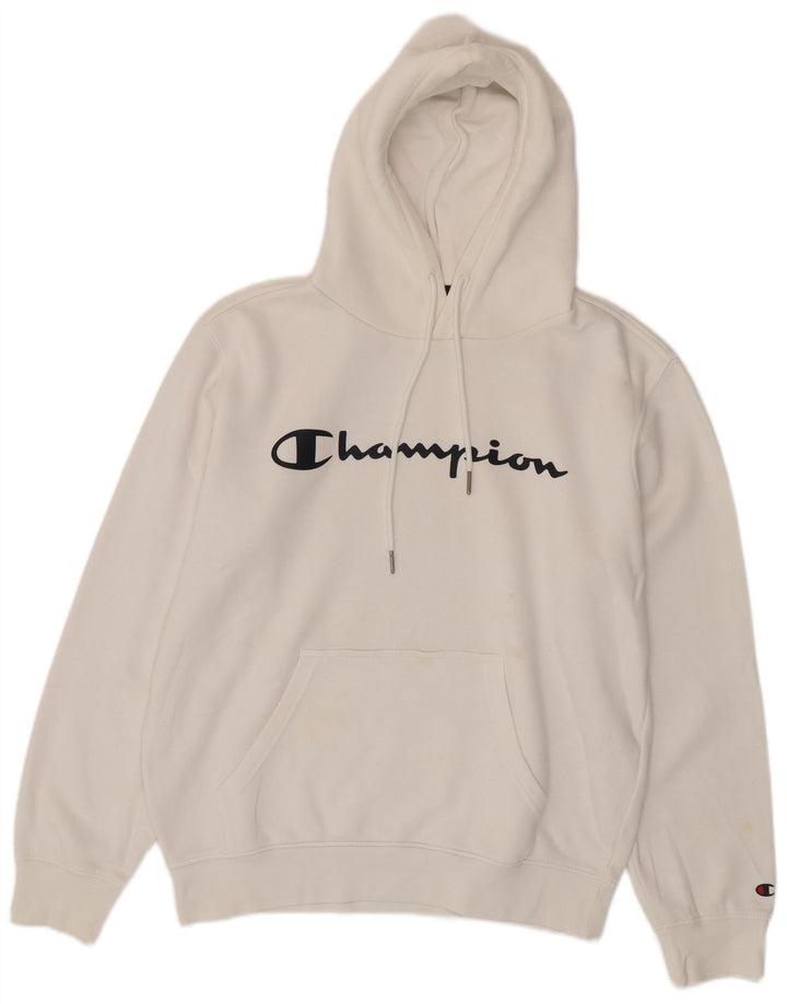 Champion Mens Graphic Hoodie Jumper Medium White Cotton