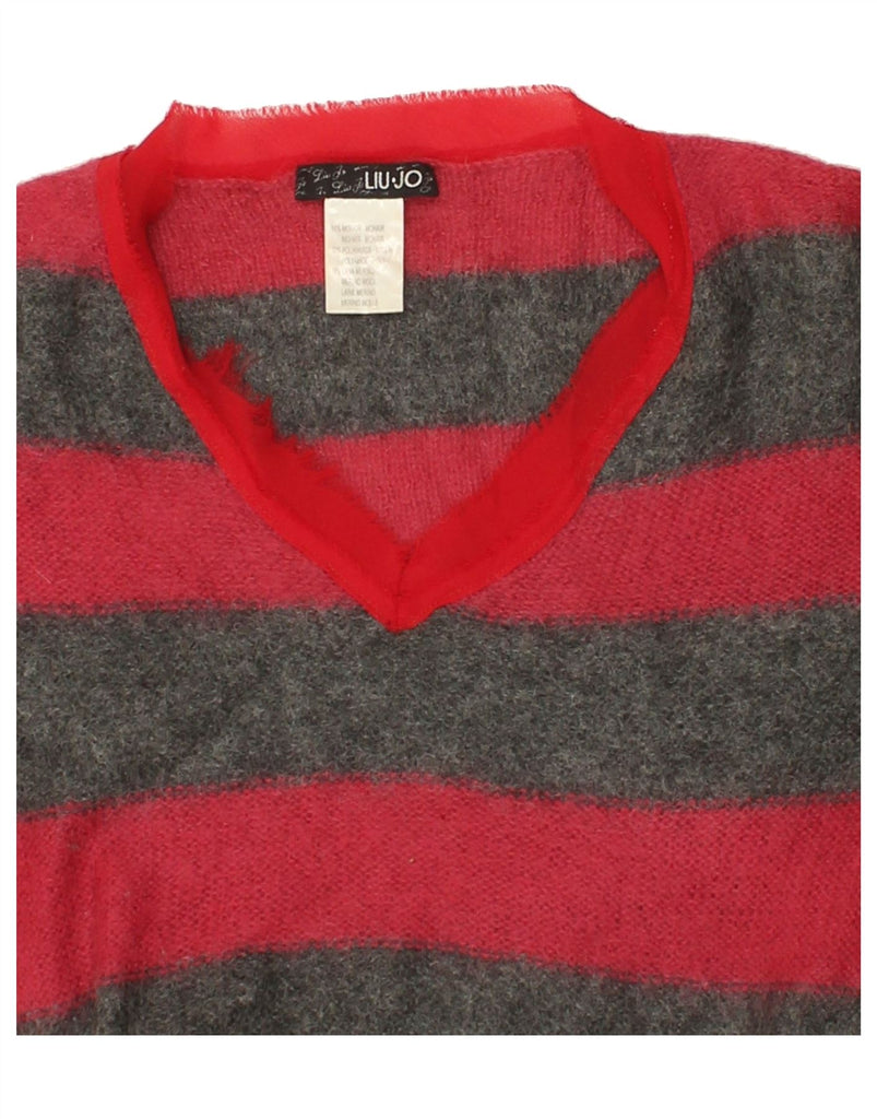 LIU JO Womens V-Neck Jumper Sweater UK 14 Large Red Striped Mohair Vintage Liu Jo and Second-Hand Liu Jo from Messina Hembry 