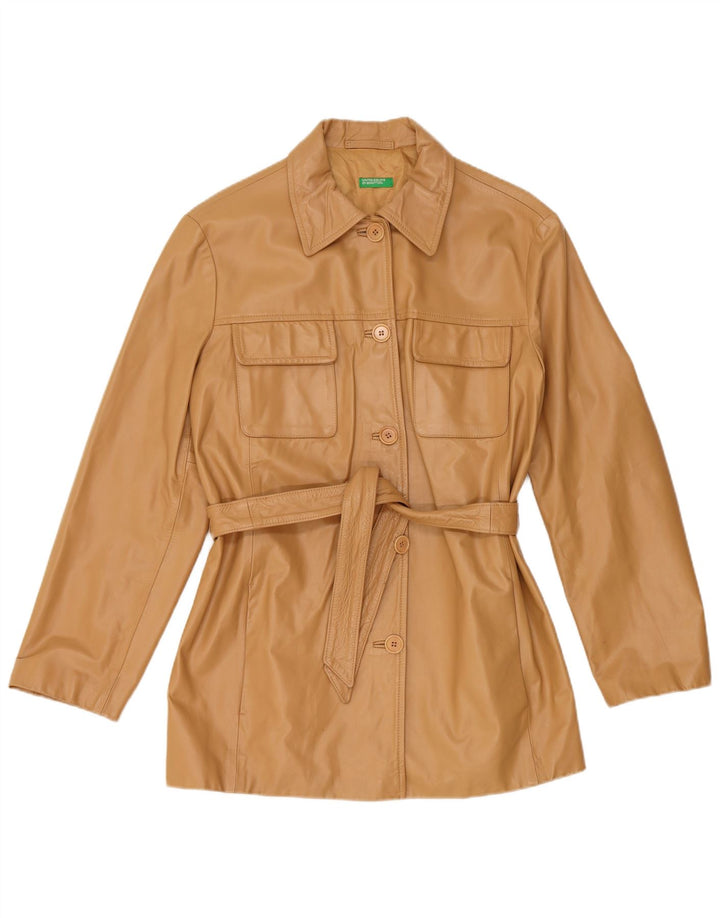 Benetton Womens Leather Jacket UK 16 Large Beige Leather