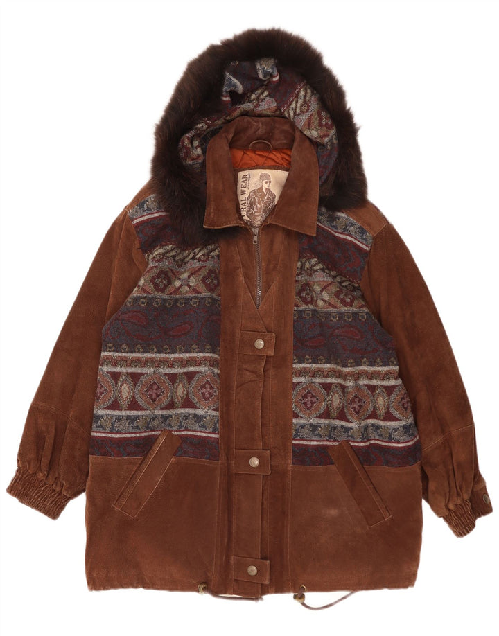 Conbipel Womens Oversized Suede Overcoat IT 46 Large Brown Paisley Leather