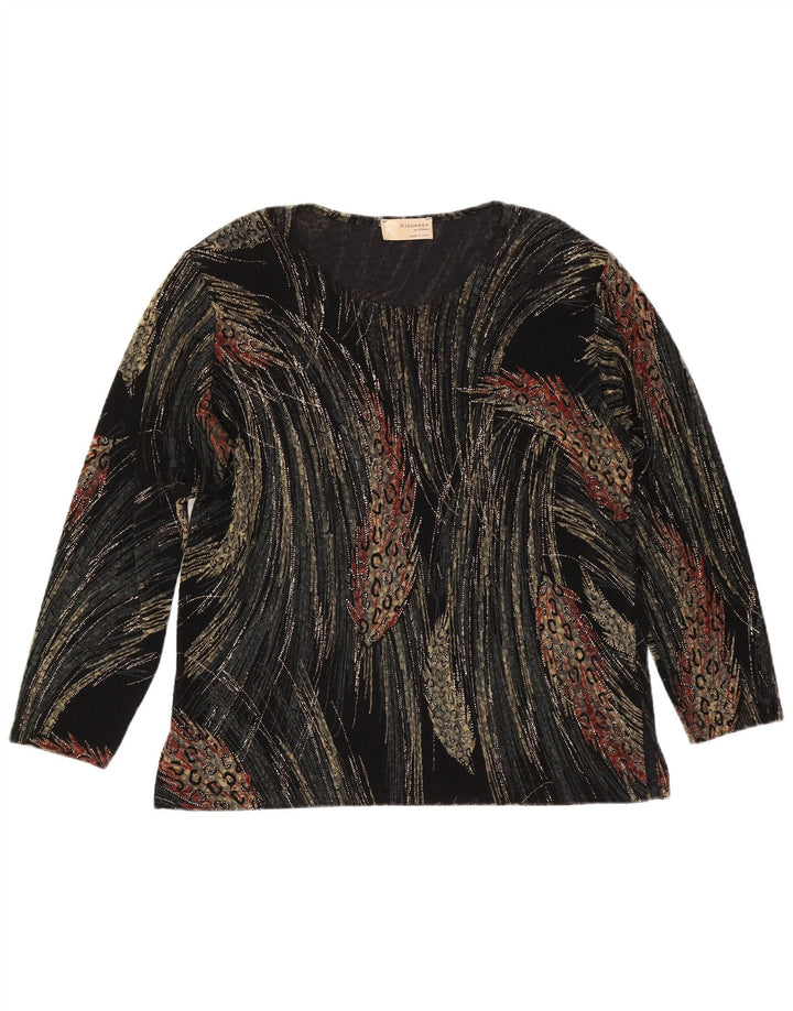 Vintage Womens Abstract Pattern Top Long Sleeve UK 16 Large Black Viscose