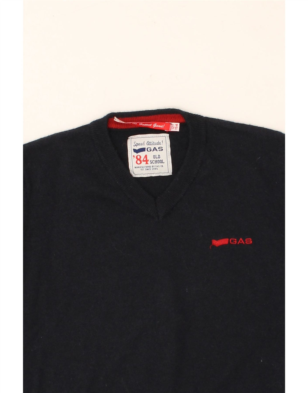 GAS Boys V-Neck Jumper Sweater 11-12 Years Navy Blue Wool Vintage Gas and Second-Hand Gas from Messina Hembry 