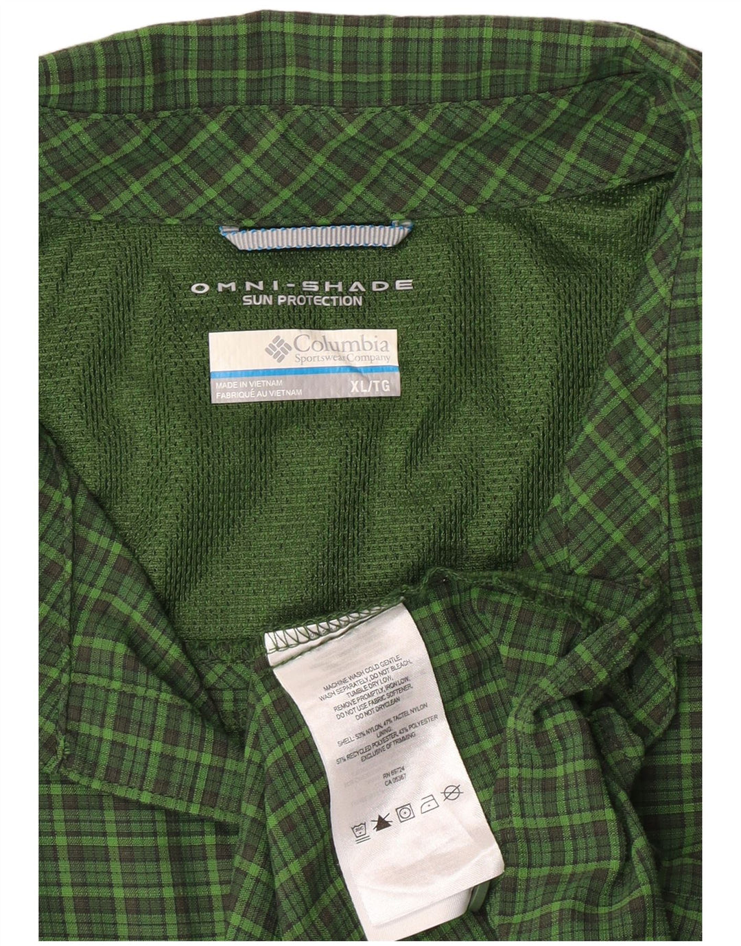 Columbia Mens Omni-Shade Checked  Shirt XL Green Check Nylon