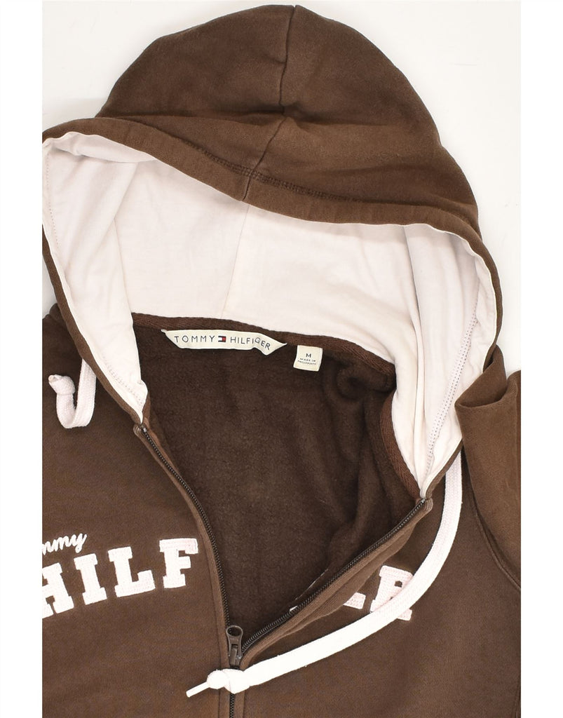 TOMMY HILFIGER Womens Graphic Zip Hoodie Sweater UK 14 Medium Brown Cotton | Vintage Tommy Hilfiger | Thrift | Second-Hand Tommy Hilfiger | Used Clothing | Messina Hembry 