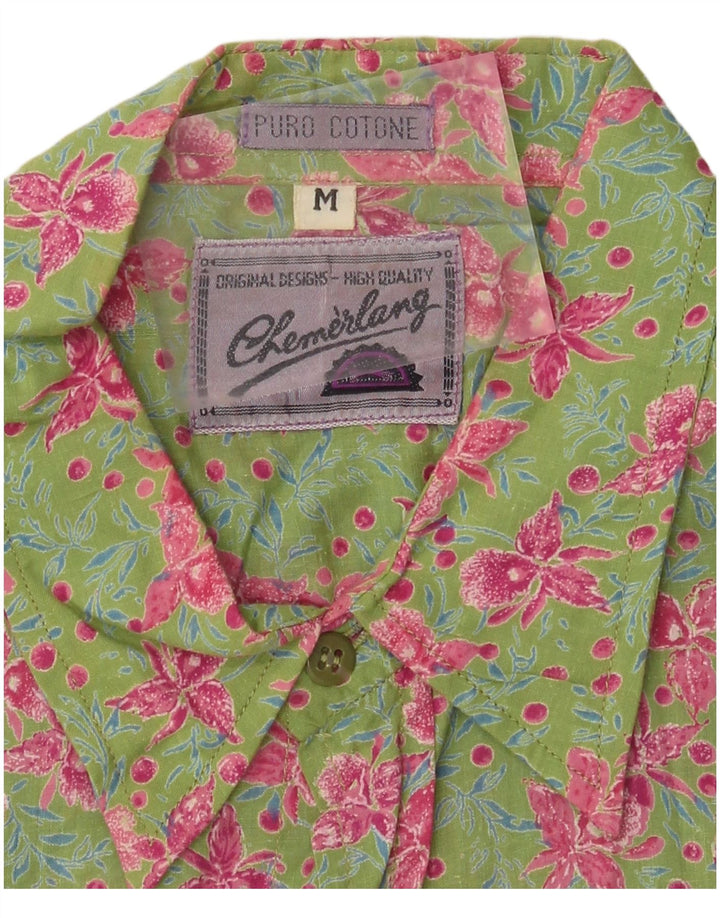 Vintage Mens Short Sleeve Shirt Medium Green Floral Cotton