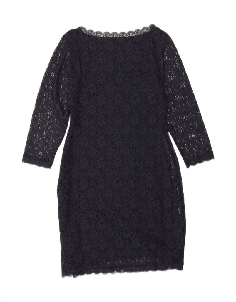 JIGSAW Womens 3/4 Sleeve Sheath Dress UK 14 Large Navy Blue Floral Nylon Vintage Jigsaw and Second-Hand Jigsaw from Messina Hembry 