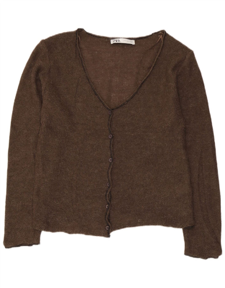 Zara Womens Crop Cardigan Sweater UK 10 Small Brown Polyamide